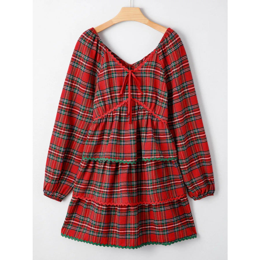 Plaid Print Ricrac Tiered Bubble Sleeve Mini Dress Apparel and Accessories