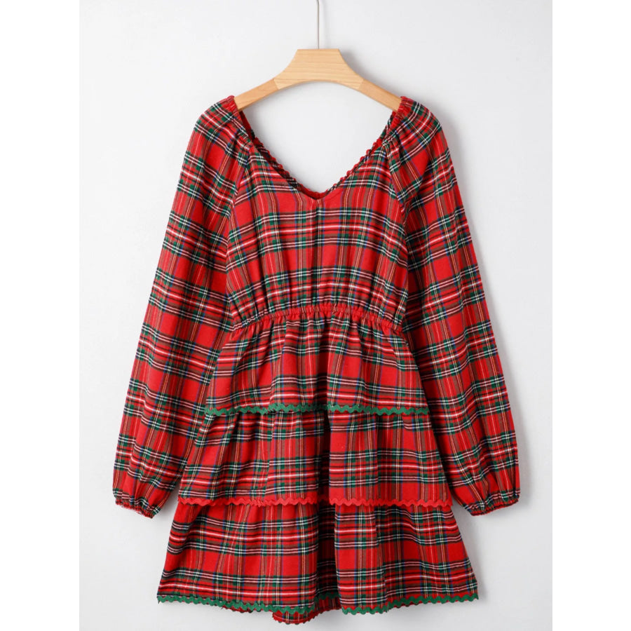 Plaid Print Ricrac Tiered Bubble Sleeve Mini Dress Apparel and Accessories