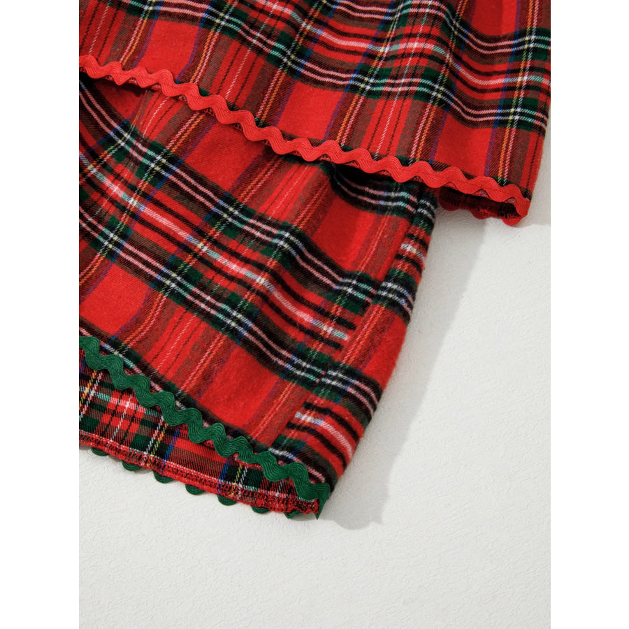 Plaid Print Ricrac Tiered Bubble Sleeve Mini Dress Apparel and Accessories