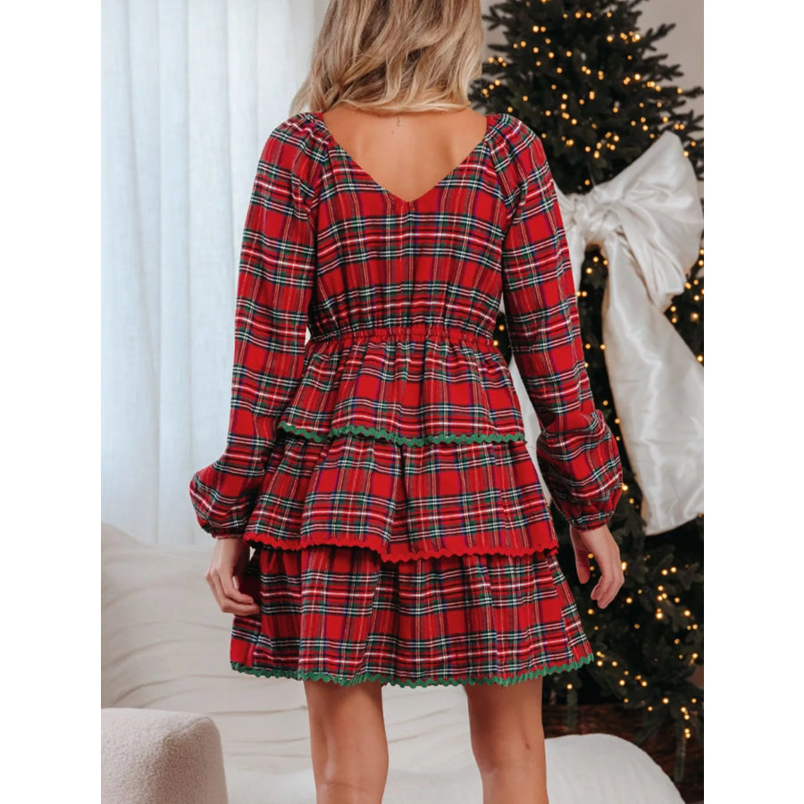 Plaid Print Ricrac Tiered Bubble Sleeve Mini Dress Apparel and Accessories