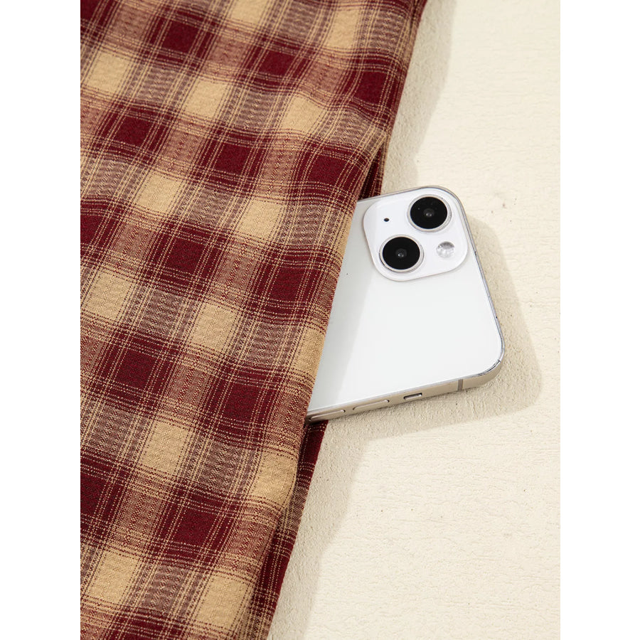 Plaid Print Ruffled Long Sleeve Patchwork Hem Mini Shirt Dress Apparel and Accessories