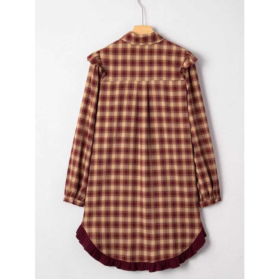 Plaid Print Ruffled Long Sleeve Patchwork Hem Mini Shirt Dress Apparel and Accessories