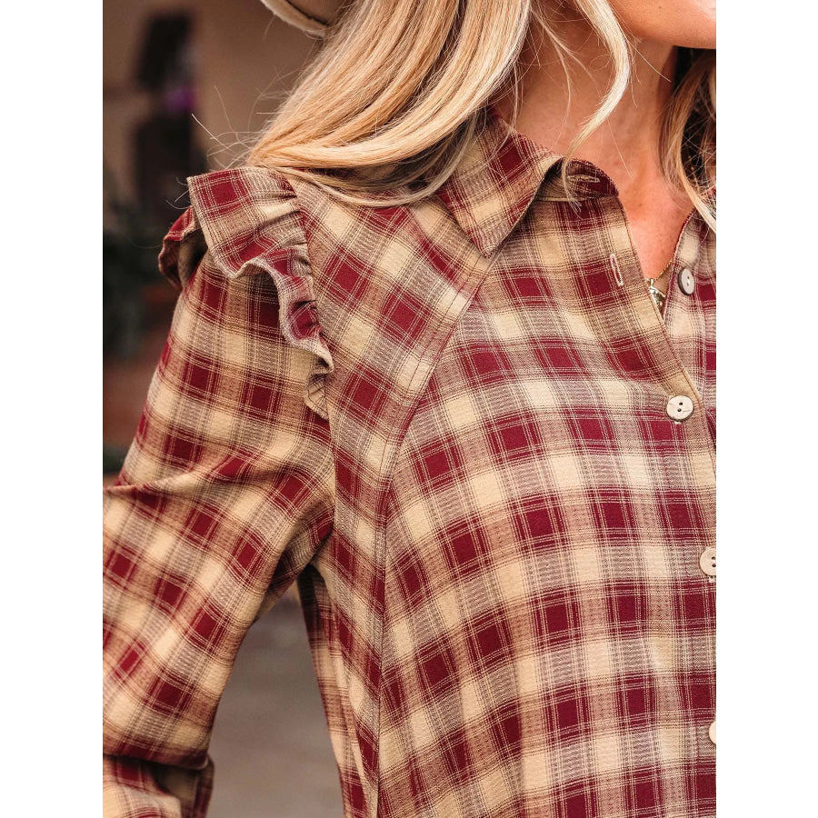 Plaid Print Ruffled Long Sleeve Patchwork Hem Mini Shirt Dress Apparel and Accessories
