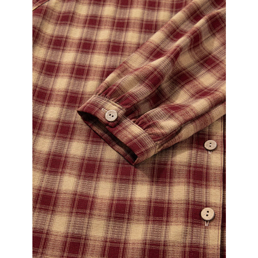 Plaid Print Ruffled Long Sleeve Patchwork Hem Mini Shirt Dress Apparel and Accessories