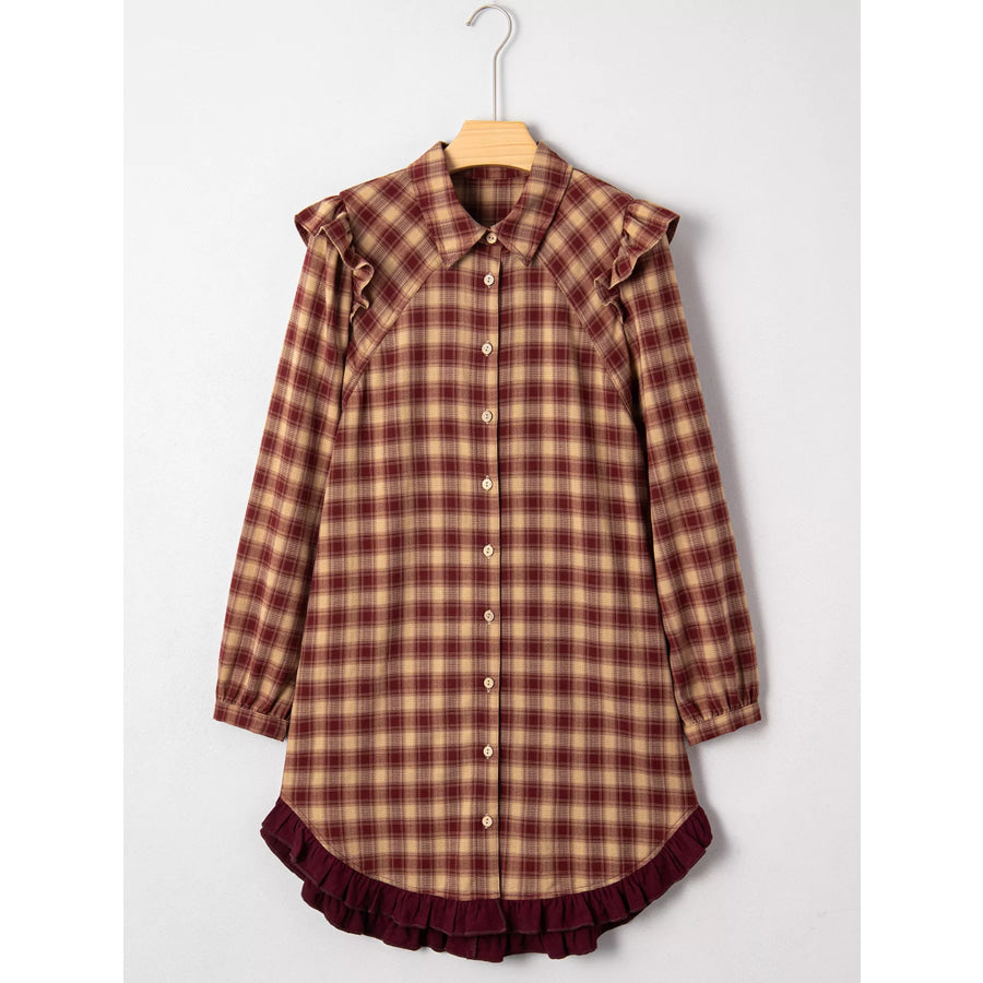 Plaid Print Ruffled Long Sleeve Patchwork Hem Mini Shirt Dress Apparel and Accessories