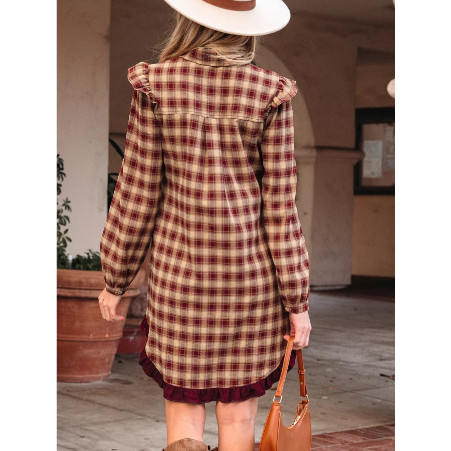 Plaid Print Ruffled Long Sleeve Patchwork Hem Mini Shirt Dress Apparel and Accessories