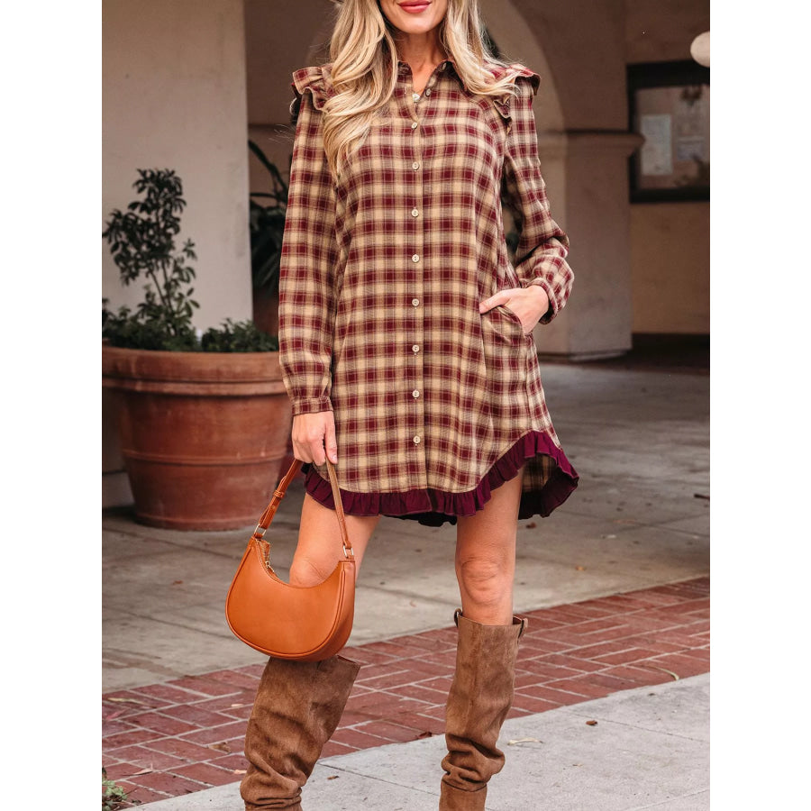 Plaid Print Ruffled Long Sleeve Patchwork Hem Mini Shirt Dress Apparel and Accessories