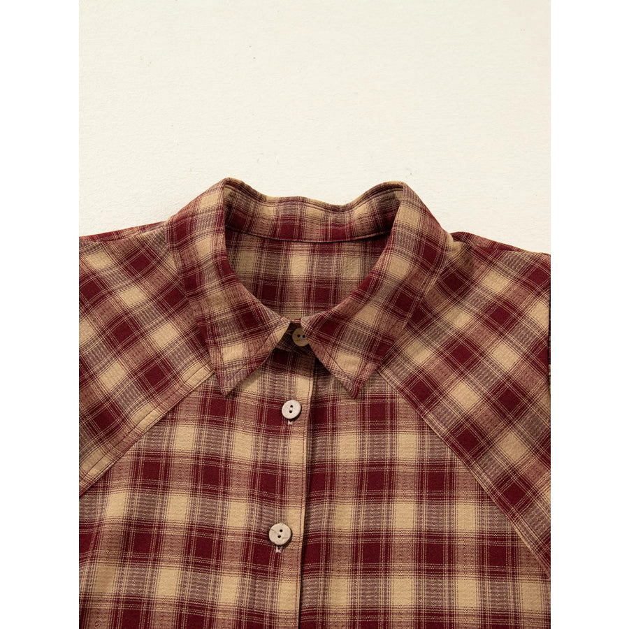 Plaid Print Ruffled Long Sleeve Patchwork Hem Mini Shirt Dress Apparel and Accessories