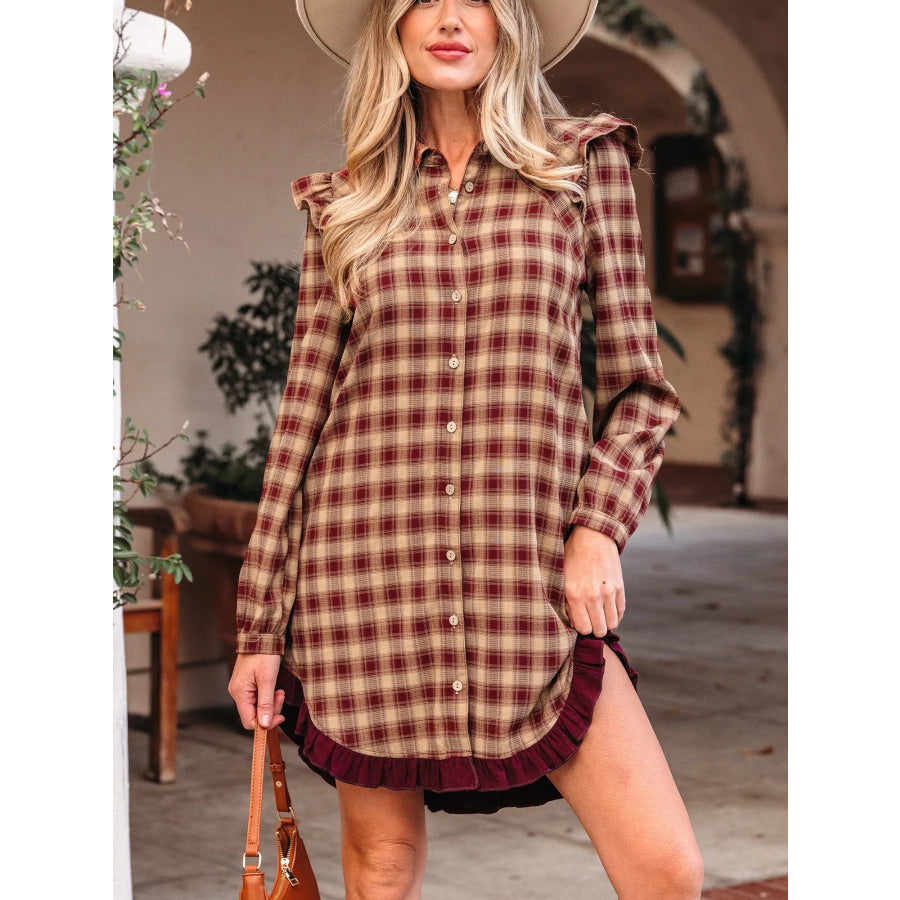 Plaid Print Ruffled Long Sleeve Patchwork Hem Mini Shirt Dress Brown / S Apparel and Accessories