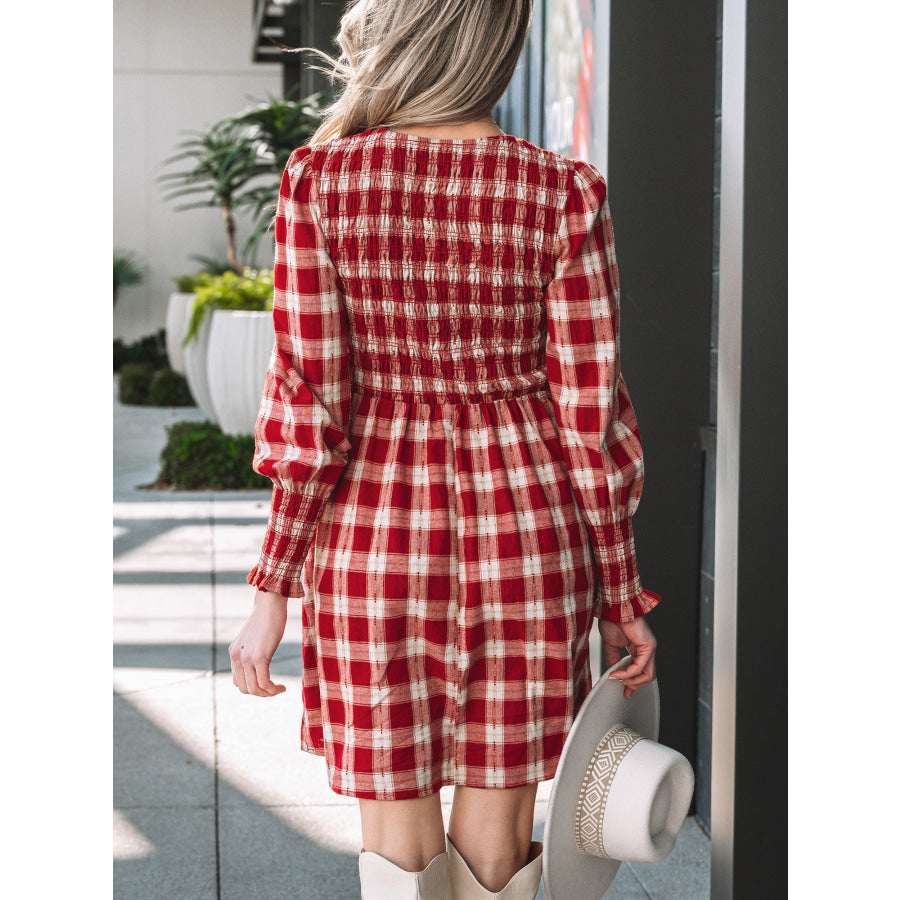 Plaid Print Smocked Puff Sleeve Mini Dress Apparel and Accessories
