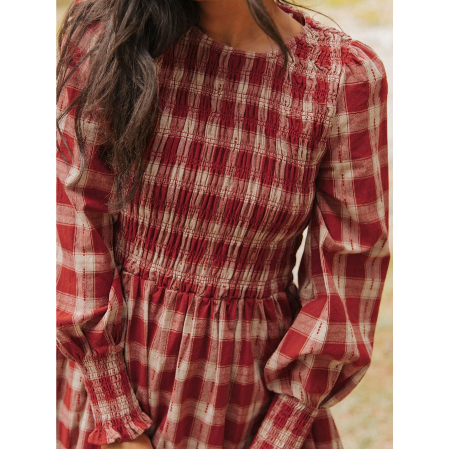 Plaid Print Smocked Puff Sleeve Mini Dress Apparel and Accessories
