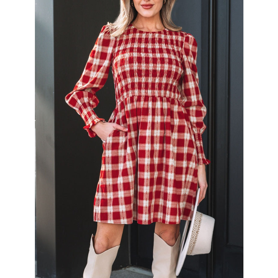 Plaid Print Smocked Puff Sleeve Mini Dress Apparel and Accessories