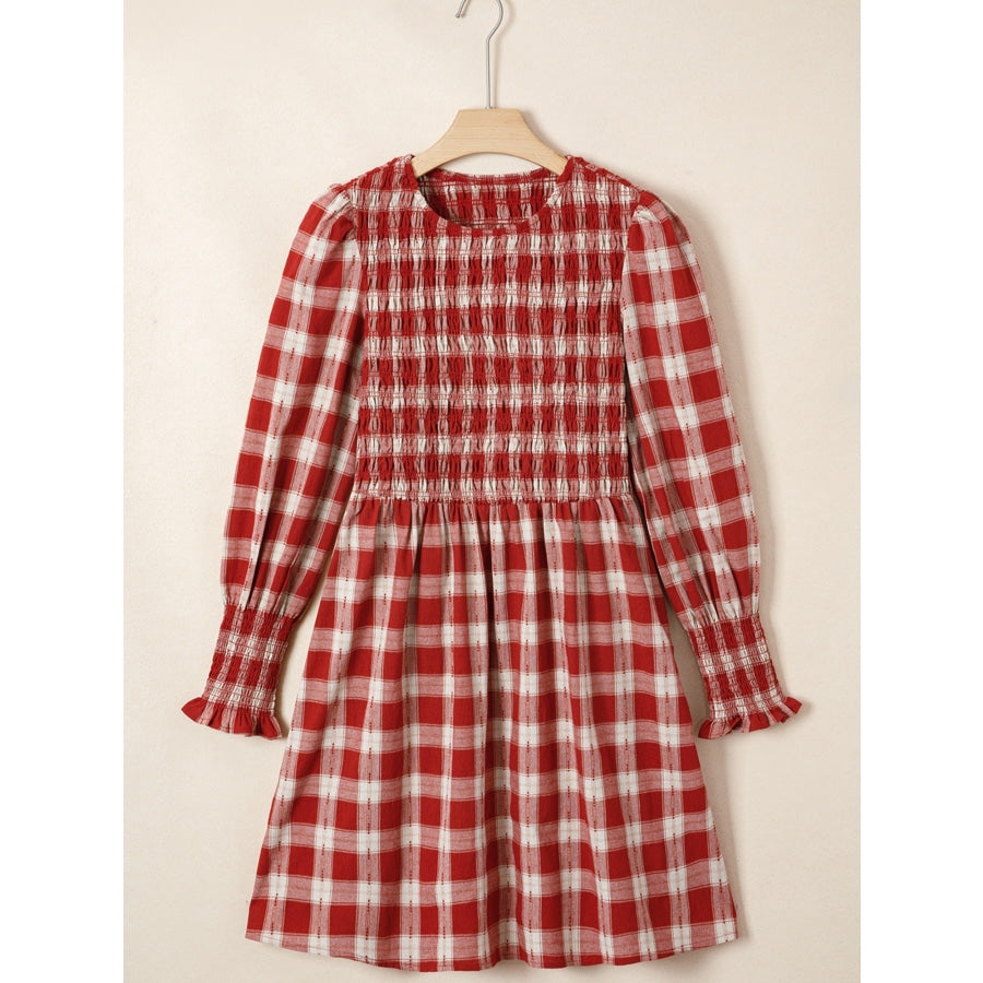 Plaid Print Smocked Puff Sleeve Mini Dress Apparel and Accessories