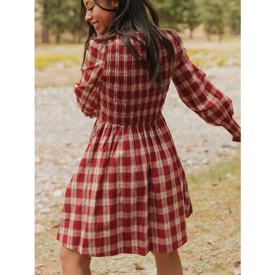 Plaid Print Smocked Puff Sleeve Mini Dress Apparel and Accessories