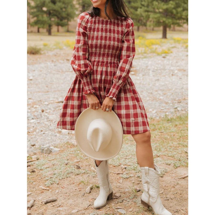 Plaid Print Smocked Puff Sleeve Mini Dress Apparel and Accessories