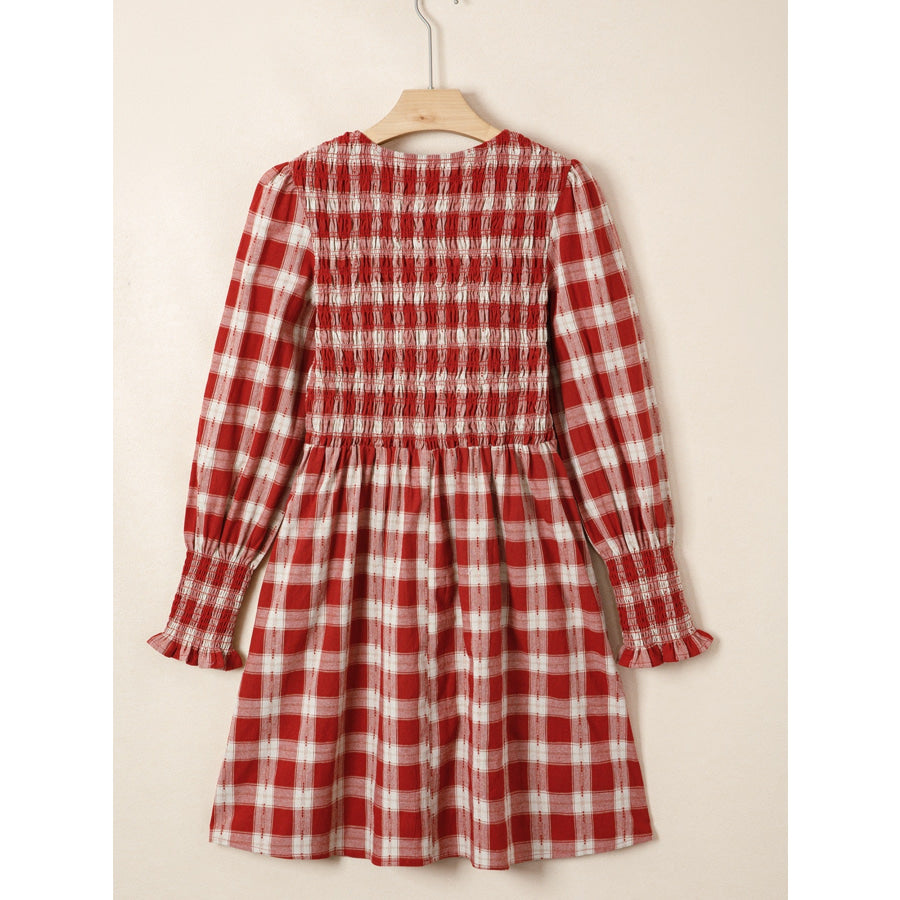Plaid Print Smocked Puff Sleeve Mini Dress Apparel and Accessories
