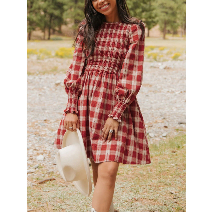 Plaid Print Smocked Puff Sleeve Mini Dress Apparel and Accessories
