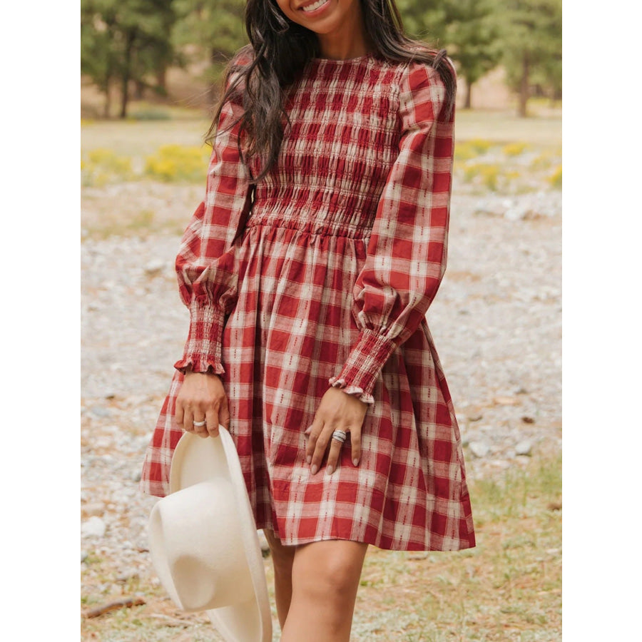 Plaid Print Smocked Puff Sleeve Mini Dress Scarlet / S Apparel and Accessories