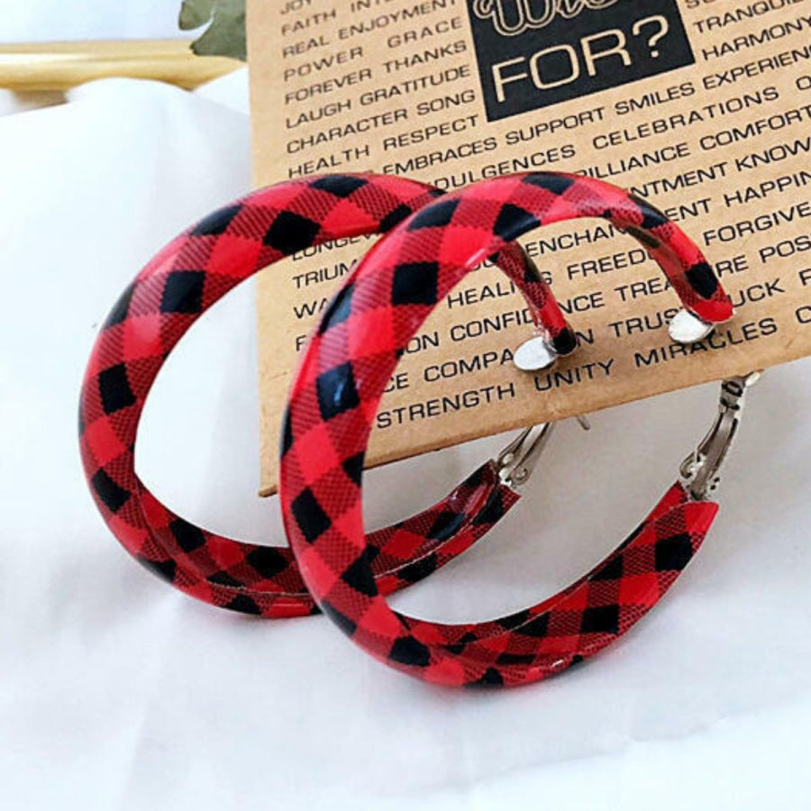 Plaid PU Leather Hoop Earrings Red / One Size Apparel and Accessories