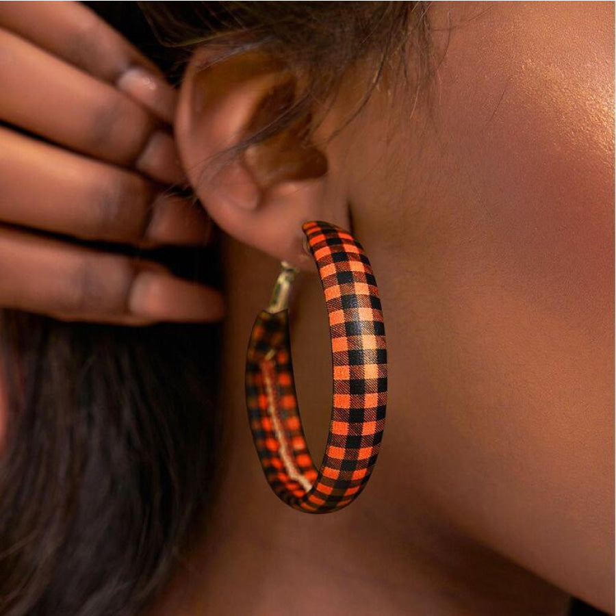 Plaid PU Leather Hoop Earrings Apparel and Accessories