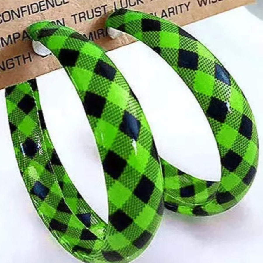 Plaid PU Leather Hoop Earrings Green / One Size Apparel and Accessories