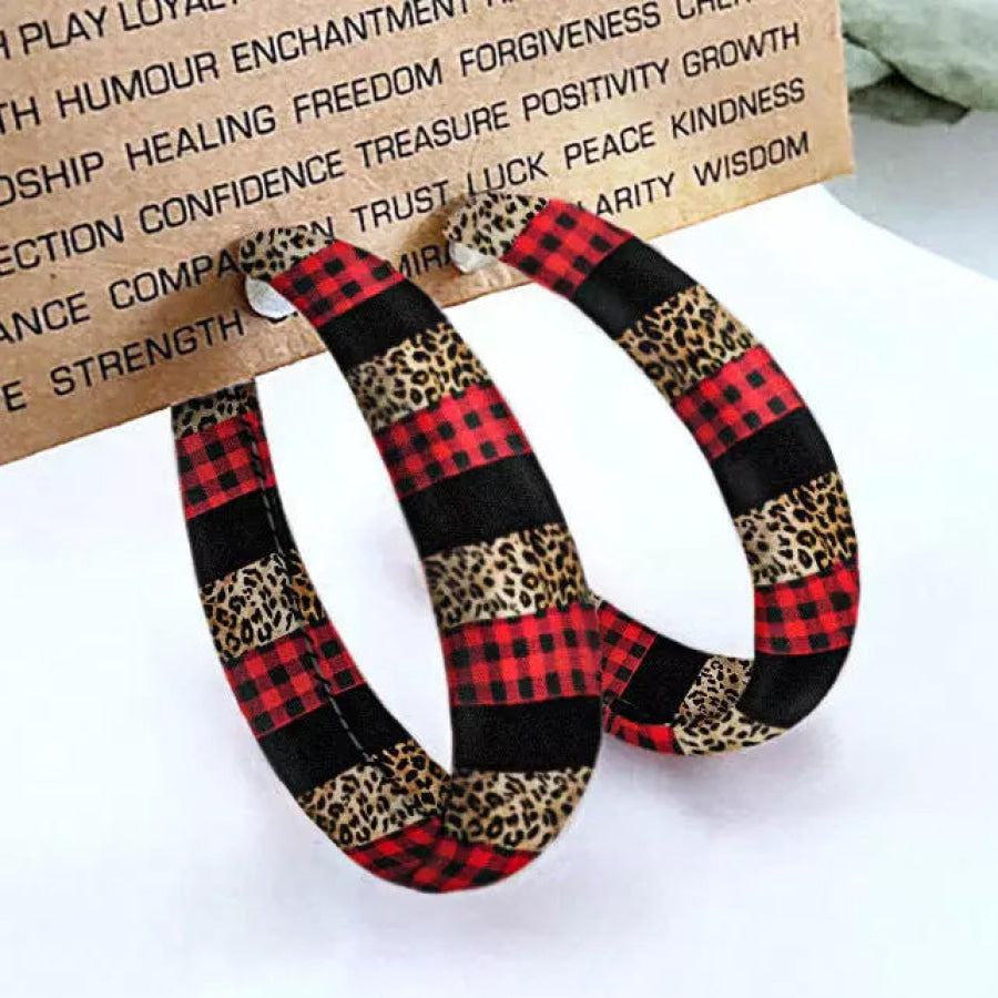 Plaid PU Leather Hoop Earrings Leopard / One Size Apparel and Accessories