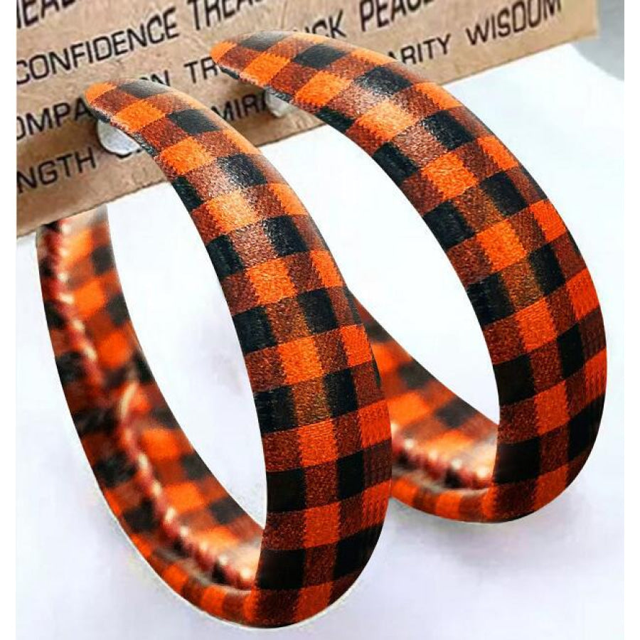 Plaid PU Leather Hoop Earrings Orange / One Size Apparel and Accessories