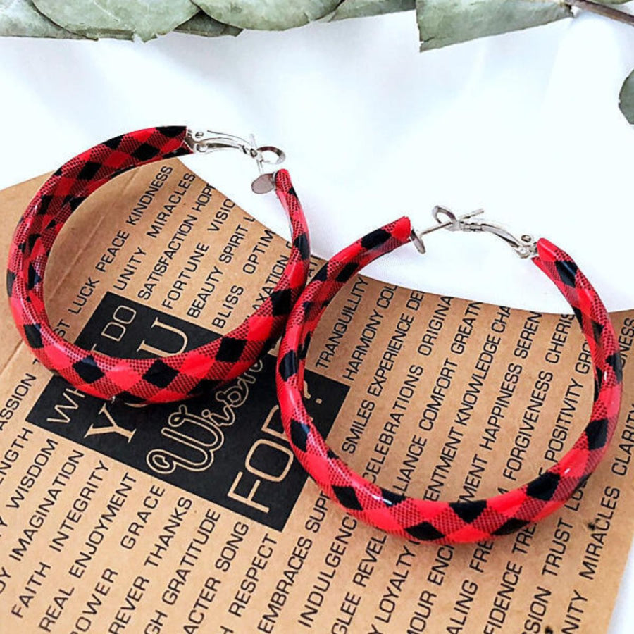 Plaid PU Leather Hoop Earrings Red / One Size Apparel and Accessories