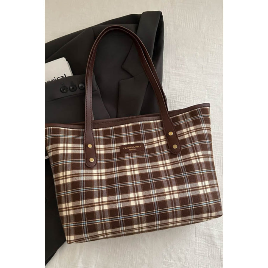 Plaid PU Leather Tote Bag Brown / One Size Apparel and Accessories