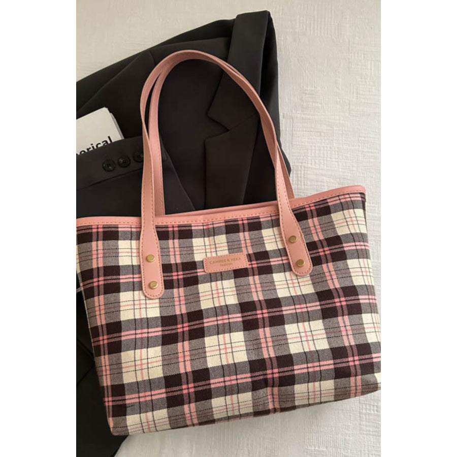 Plaid PU Leather Tote Bag Pink / One Size Apparel and Accessories