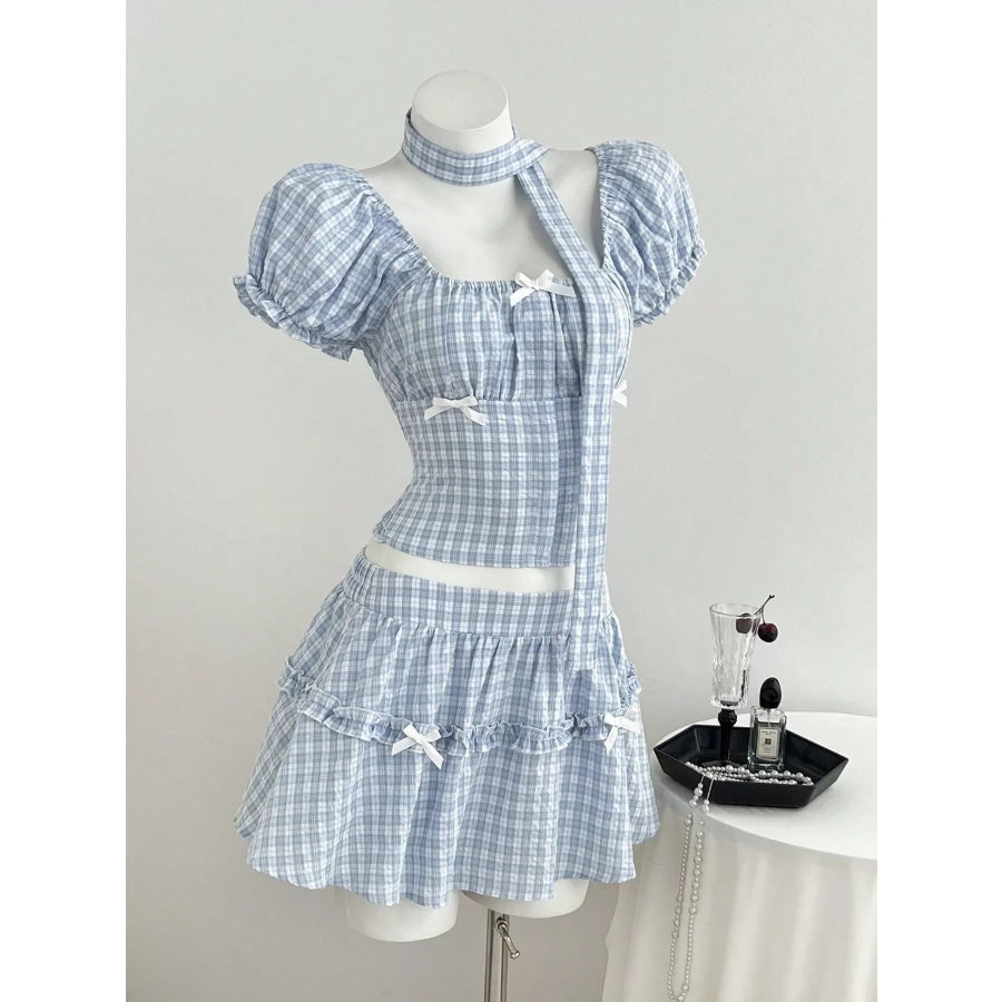 Plaid Puff Sleeve Blouse and Skirt Set Apparel and Accessories