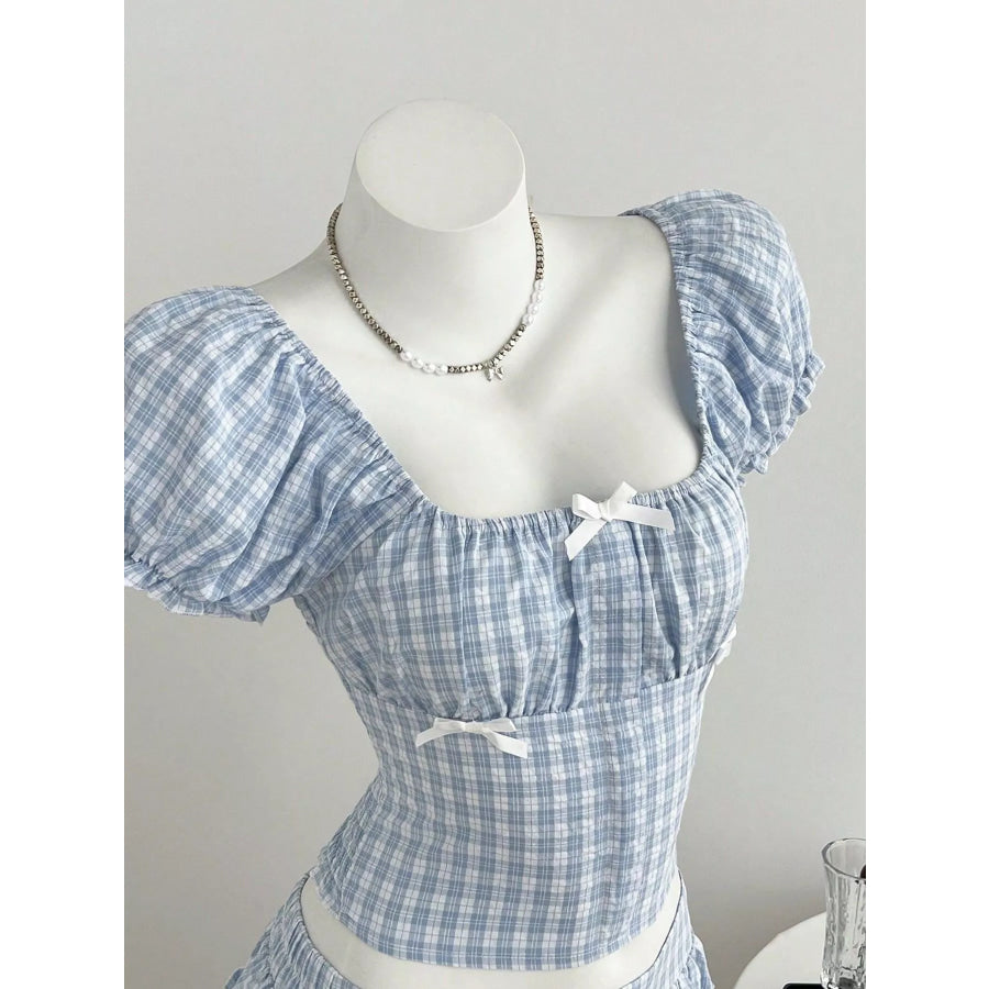 Plaid Puff Sleeve Blouse and Skirt Set Apparel and Accessories