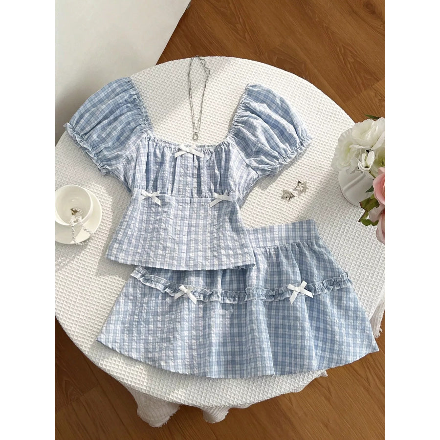 Plaid Puff Sleeve Blouse and Skirt Set Apparel and Accessories