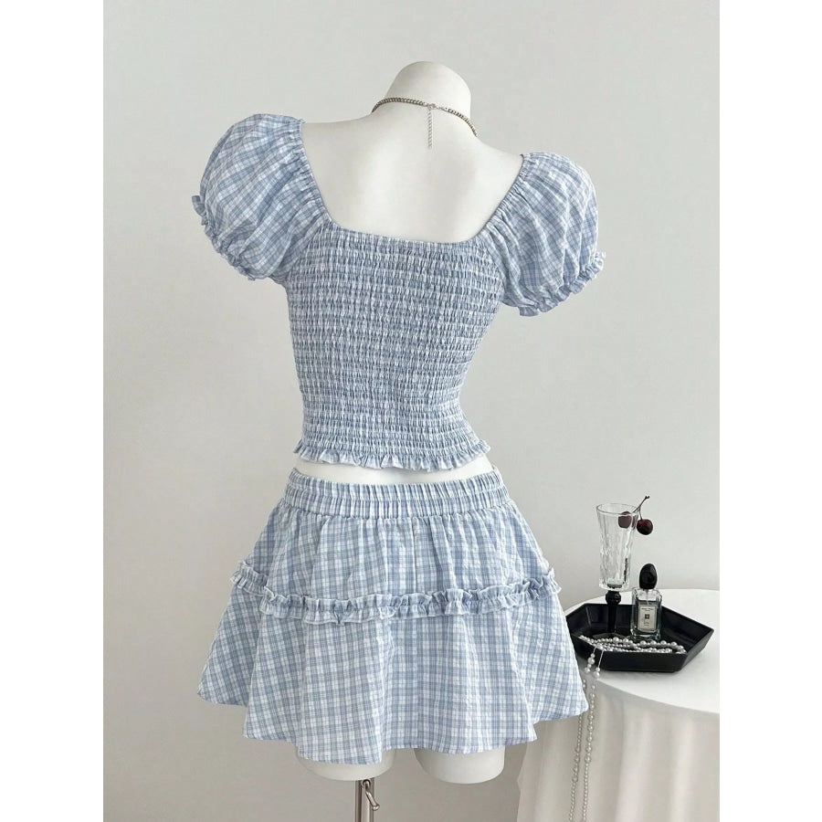 Plaid Puff Sleeve Blouse and Skirt Set Apparel and Accessories