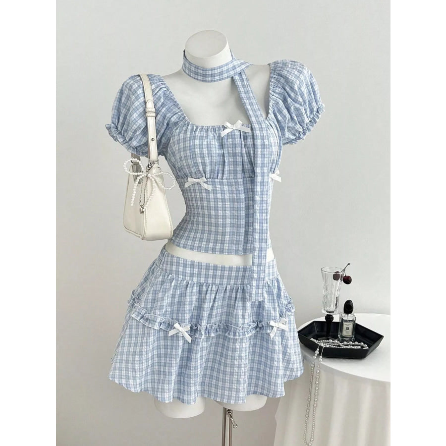 Plaid Puff Sleeve Blouse and Skirt Set Blue / S Apparel and Accessories