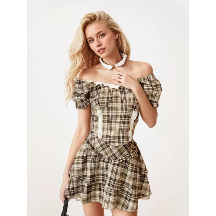 Plaid Puff Sleeve Top and Skirt Set Plaid / M Apparel and Accessories