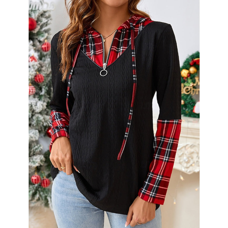 Plaid Quarter Zip Hooded T-Shirt Black / S Apparel and Accessories