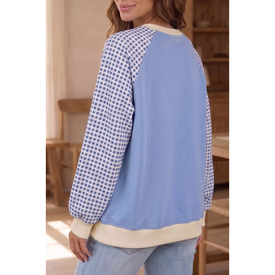 Plaid Raglan Sleeve Round Neck Sweatshirt Apparel and Accessories