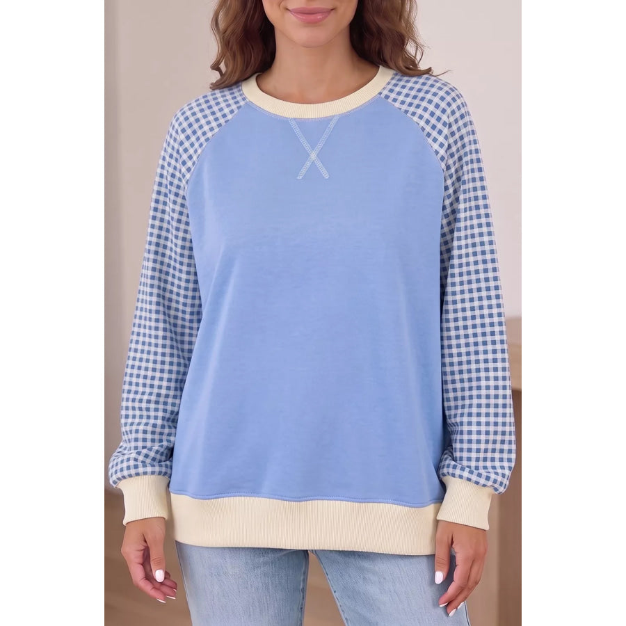 Plaid Raglan Sleeve Round Neck Sweatshirt Apparel and Accessories