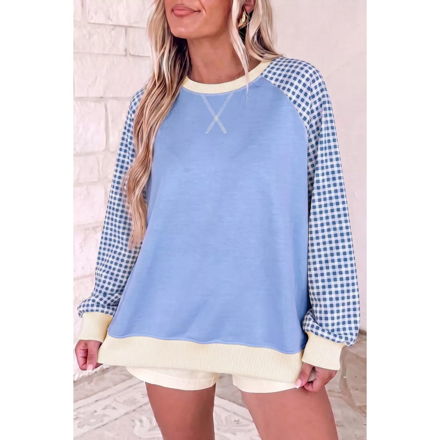 Plaid Raglan Sleeve Round Neck Sweatshirt Light Blue / S Apparel and Accessories