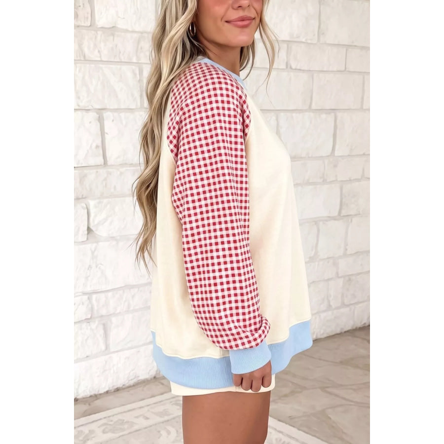 Plaid Raglan Sleeve Sweatshirt Burnt Coral / S Apparel and Accessories