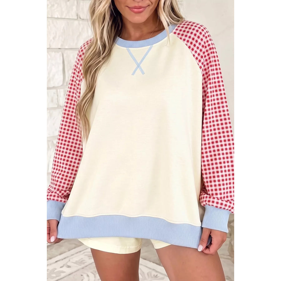 Plaid Raglan Sleeve Sweatshirt Burnt Coral / S Apparel and Accessories