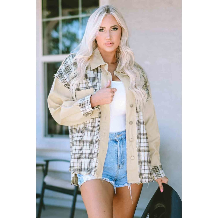 Plaid Raw Hem Button Down Jacket Cream / S