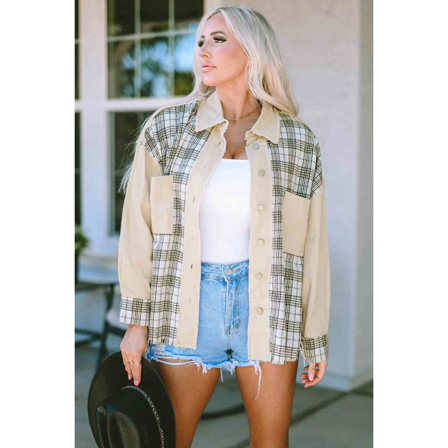 Plaid Raw Hem Button Down Jacket