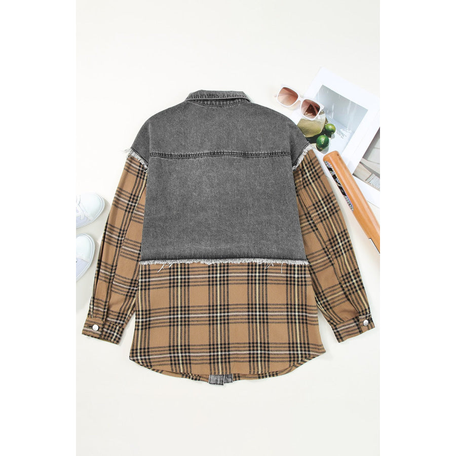 Plaid Raw Hem Button Up Denim Jacket Apparel and Accessories