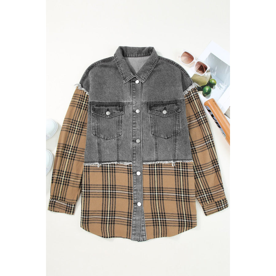 Plaid Raw Hem Button Up Denim Jacket Charcoal / S Apparel and Accessories