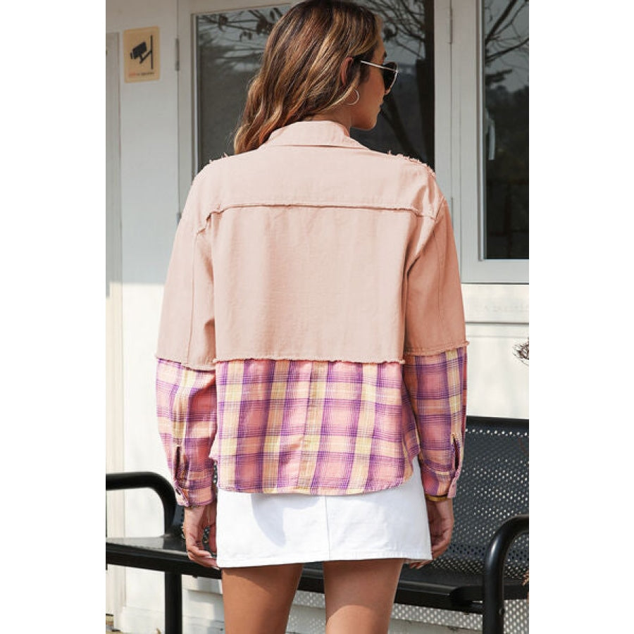 Plaid Raw Hem Collared Neck Button Up Jacket Clothing