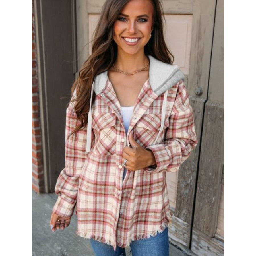 Plaid Raw Hem Drawstring Hooded Jacket Blush Pink / S Clothing