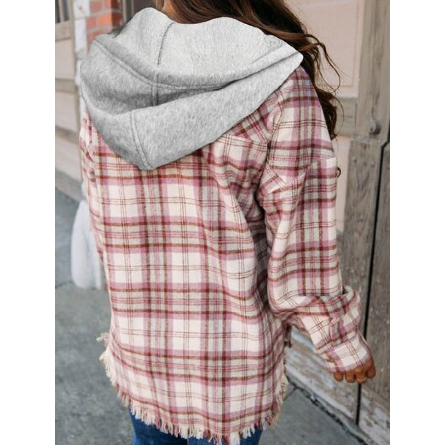 Plaid Raw Hem Drawstring Hooded Jacket Clothing