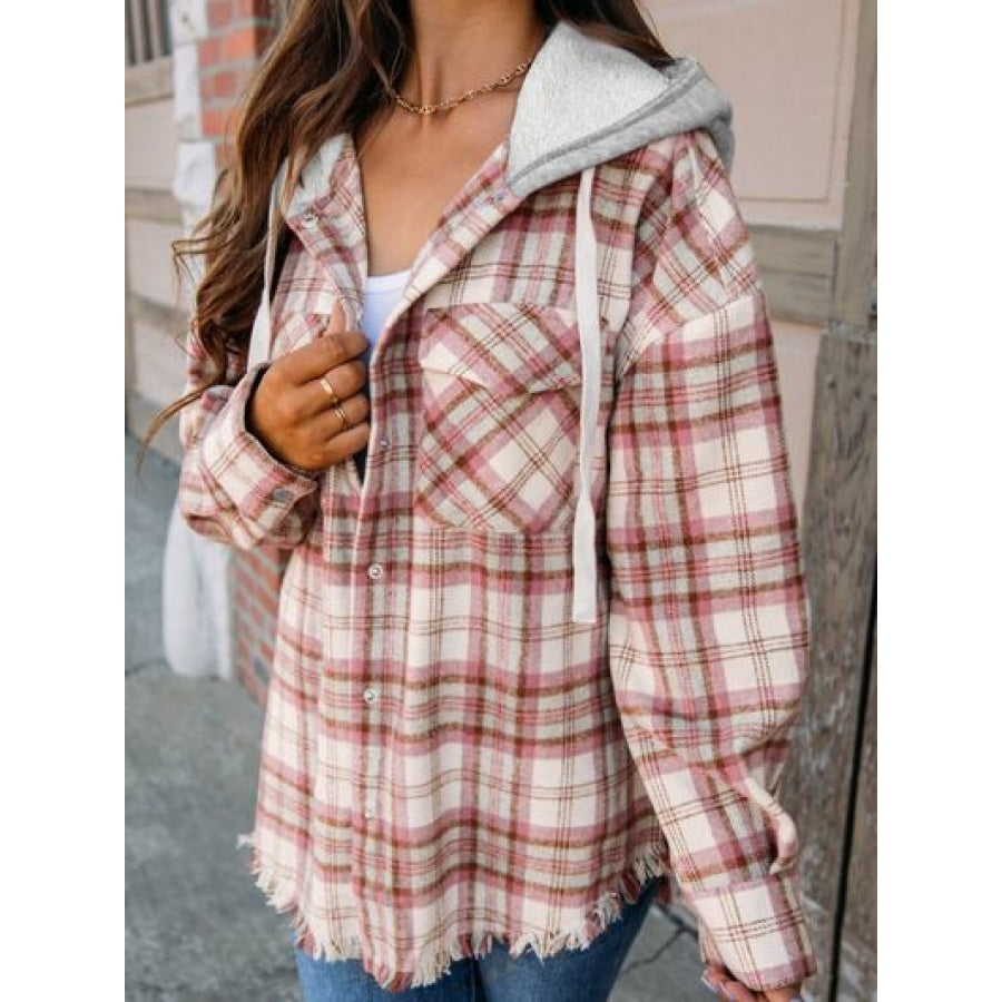 Plaid Raw Hem Drawstring Hooded Jacket Clothing